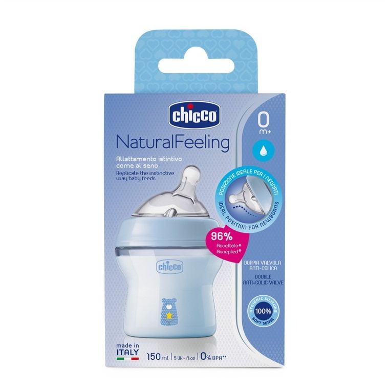 Chicco, NaturalFeeling, butelka plastikowa, przepływ wolny, niebieska, 0m+, 150 ml