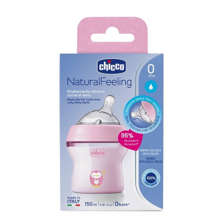 Chicco, NaturalFeeling, butelka plastikowa, przepływ wolny, różowa, 0m+, 150 ml