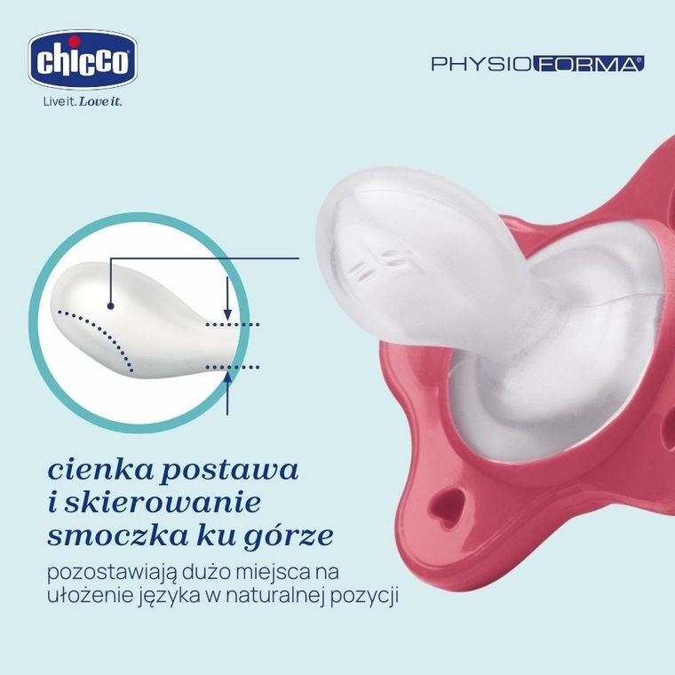 Chicco, PhysioForma Dual Soft, smoczek uspokajający, silikonowy, różowy, 16-36m, 2 szt.