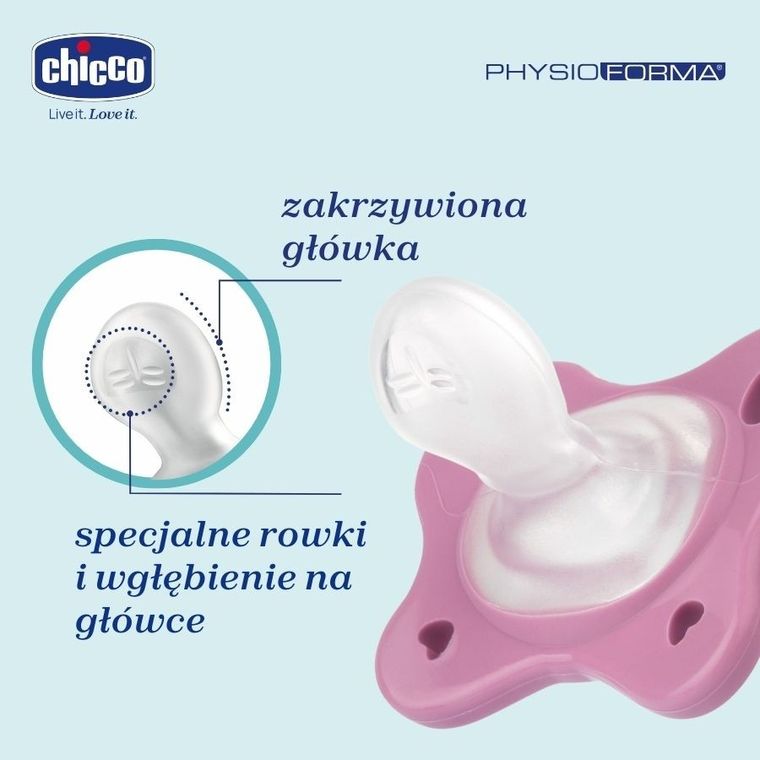 Chicco, PhysioForma Dual Soft, smoczek uspokajający, silikonowy, różowy, 6-16m, 2 szt.