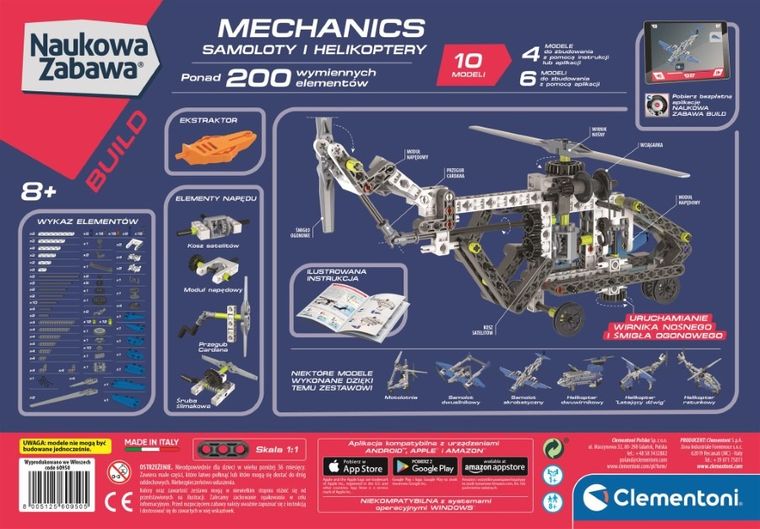 Clementoni, Naukowa Zabawa, Technologic, Laboratorium Mechaniki, Samoloty i helikoptery, zestaw edukacyjny, 200 elementów