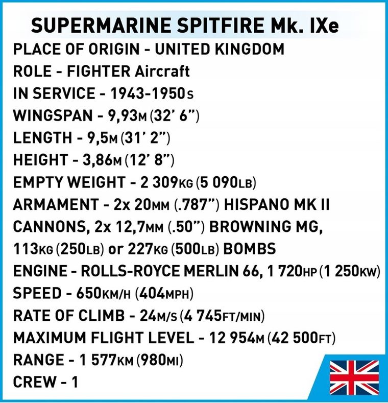 Cobi, Historical Collection WWII, Supermarine Spitfire Mk.IX E, klocki, 364 elementy
