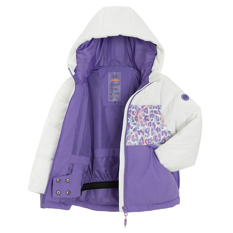 Cool Club, Kurtka narciarska dziewczęca z kapturem, ocieplana, biało-fioletowa