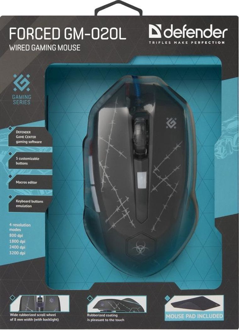 Defender, Forced, mysz przewodowa, Gm-020l 800/1800/2400/3200 Dpi, 6p + podkładka + gra, 52020