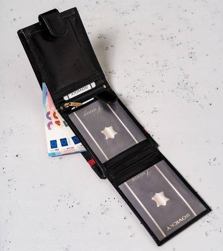 Duży, skórzany portfel męski na zatrzask, Rovicky