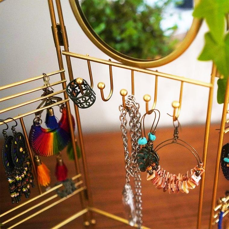 Eleganza, wieszak na biżuterię z lusterkiem, metalowy, składany, złoty