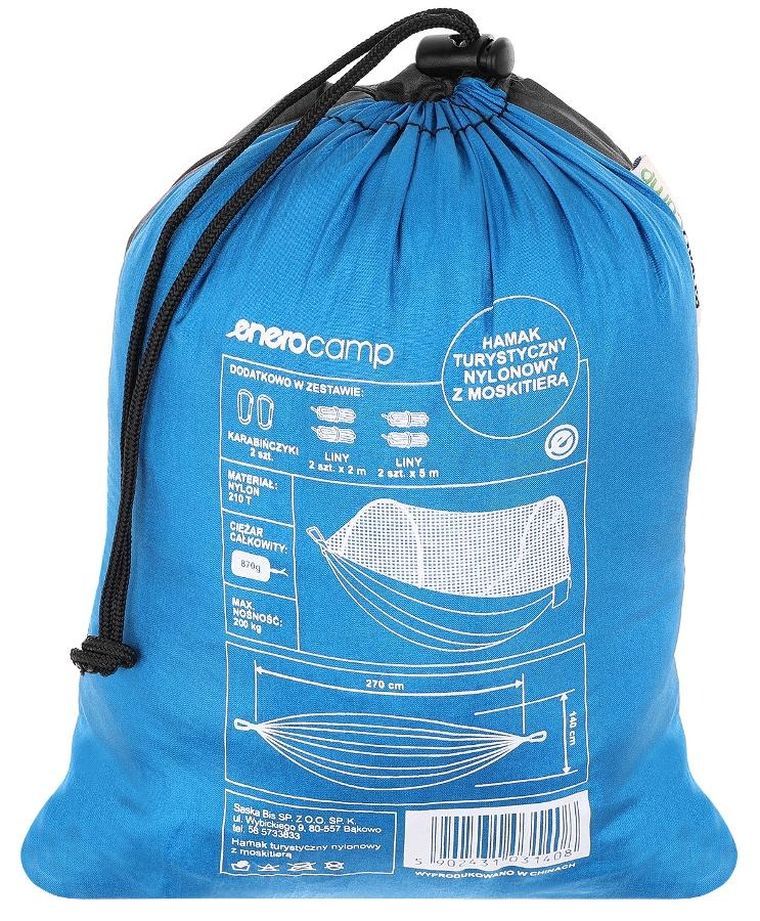 Enero Camp, hamak turystyczny, z moskitierą, 2 osobowy, niebieski, 270-140 cm