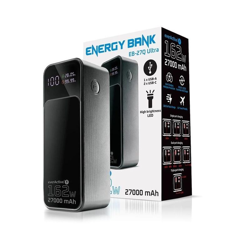 Everactive, powerbank z latarką, 27000mAh, 1xUSB, 2xUSB-C, 162,5W, QC4+, wyświetlacz LCD, czarny, EB-27Q