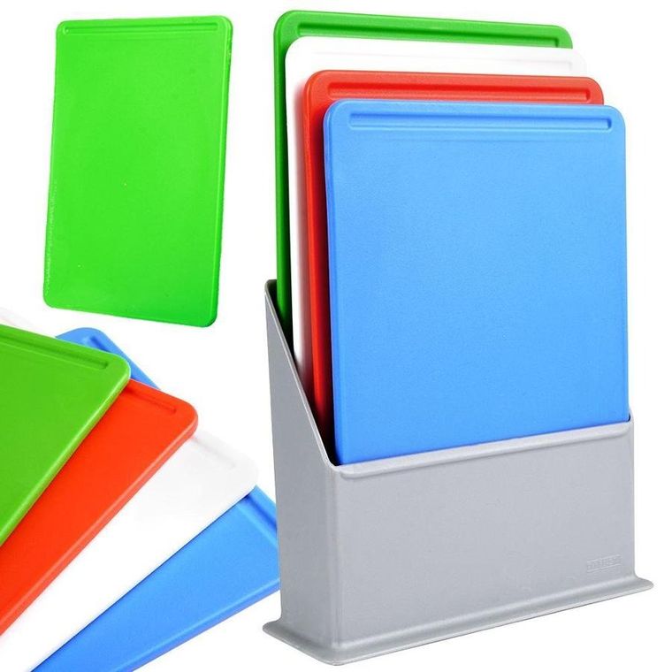 Excellent Houseware, deski do krojenia w stojaku, kolorowe plastikowe, 4 szt.