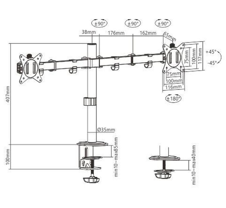 Gembird, uchwyt dla 2 monitorów, regulowany, 17"-32"