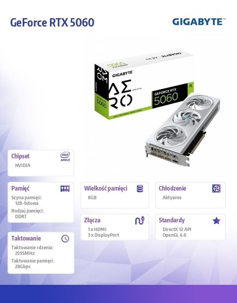 Gigabyte, GeForce RTX 5060 AERO OC 8G GDDR7, karta graficzna, 3DP/HDMI