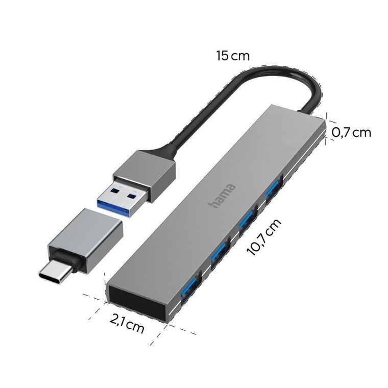 Hama, hub USB, 4 porty USB 3.2, gen1 5 gbit/s, ultra slim z adapterem USB-C