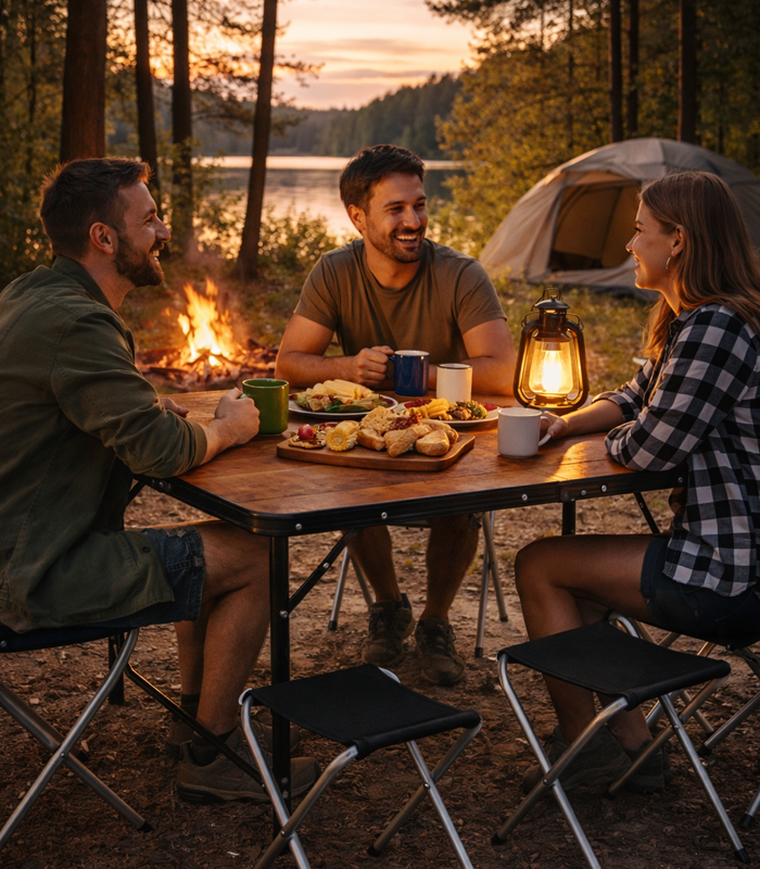 Hedo, zestaw stół turystyczny i 4 krzesła, składany w walizkę, 5w1, brązowy