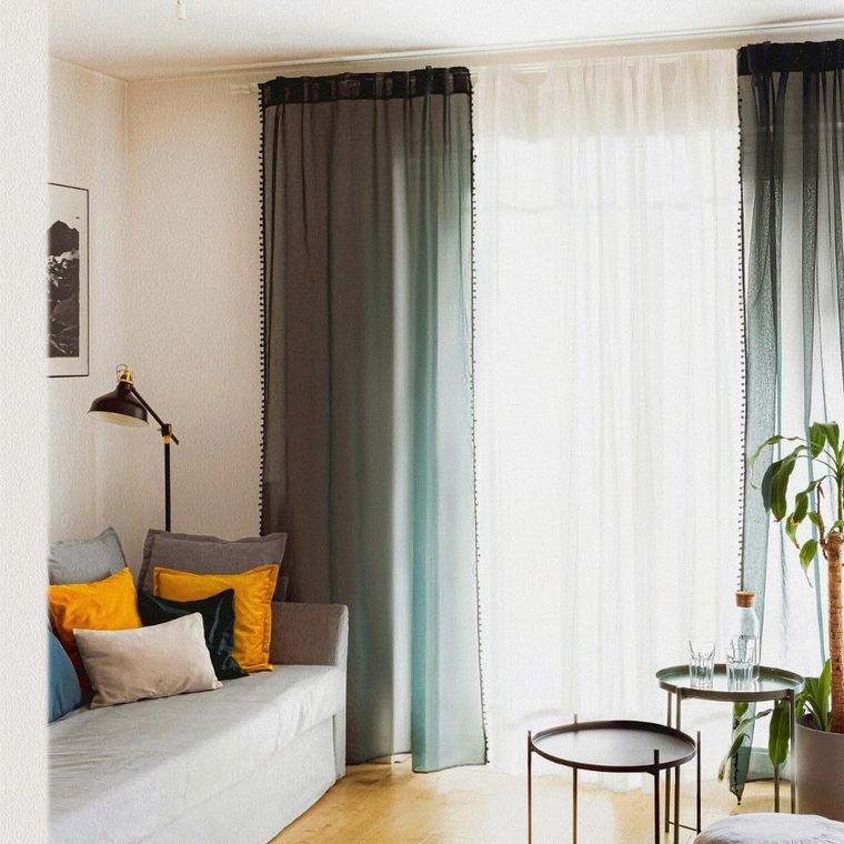 Homla, Adi, firanka, z pomponikami zielona, 140-250 cm