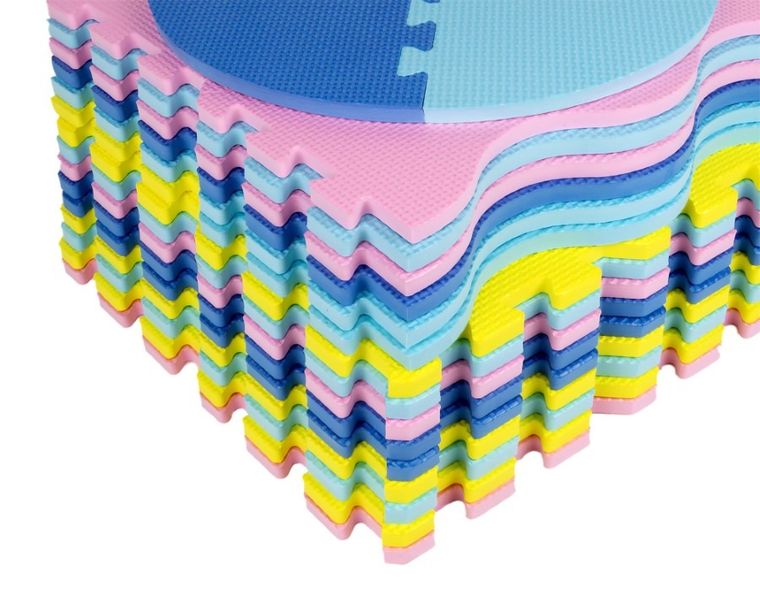 Humbi, mata piankowa, puzzle, kształty, żółty niebieski różowy, 120-120 cm