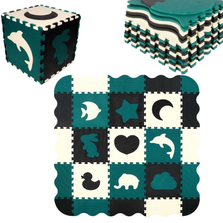 Humbi, mata piankowa, puzzle, kształty zoo, czarny kremowy ciemnozielony, 120-120 cm