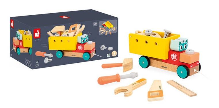 Janod, Brico ‘Kids, ciężarówka do składania, drewniany pojazd do ciągnięcia
