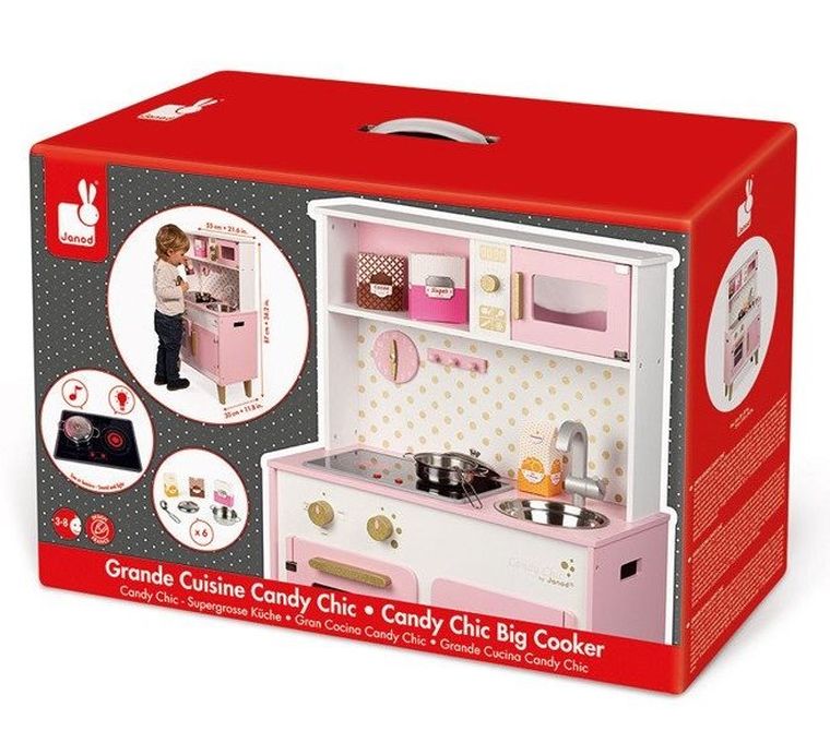 Janod, Candy Chic, kuchnia drewniana z dźwiękiem z 6 akcesoriami