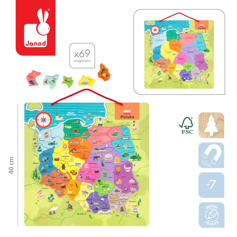 Janod, Mapa Polski, puzzle magnetyczne, 69 magnesów