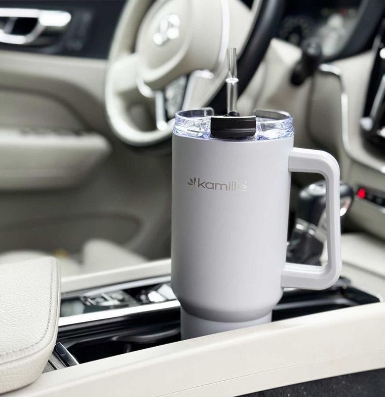 Kamille, stalowy kubek termiczny, termos, 1200 ml, z rączką i słomką