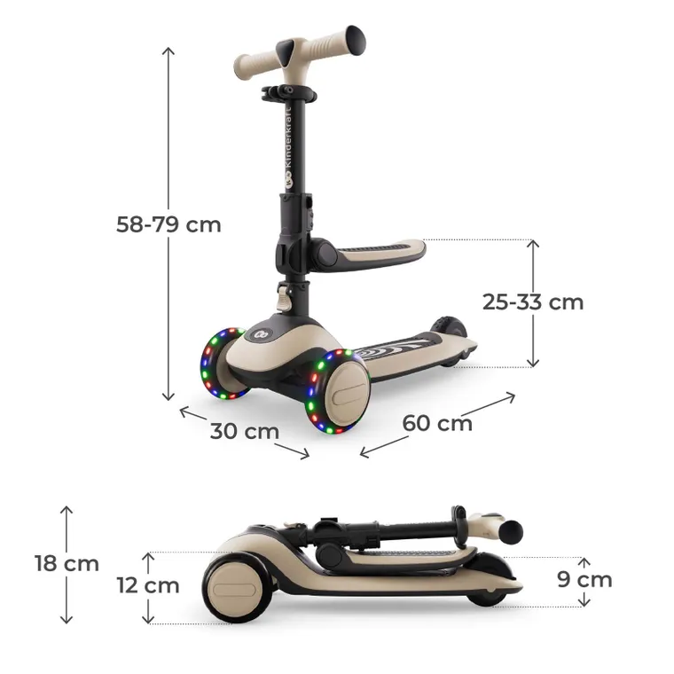 Kinderkraft, Halley 2, hulajnoga 3-kołowa, balansowa 2w1, LED, Stone White