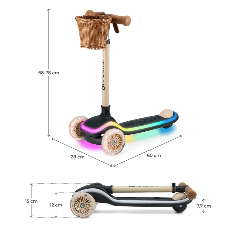 Kinderkraft, Raket, hulajnoga 3-kołowa LED, Beige