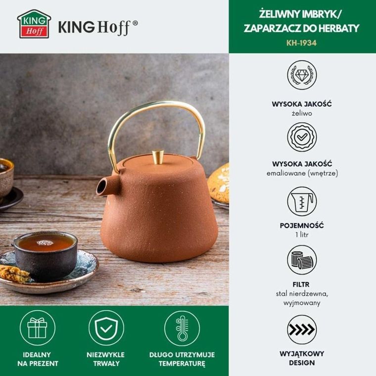 Kinghoff, zaparzacz żeliwny imbryk z filtrem, 1l