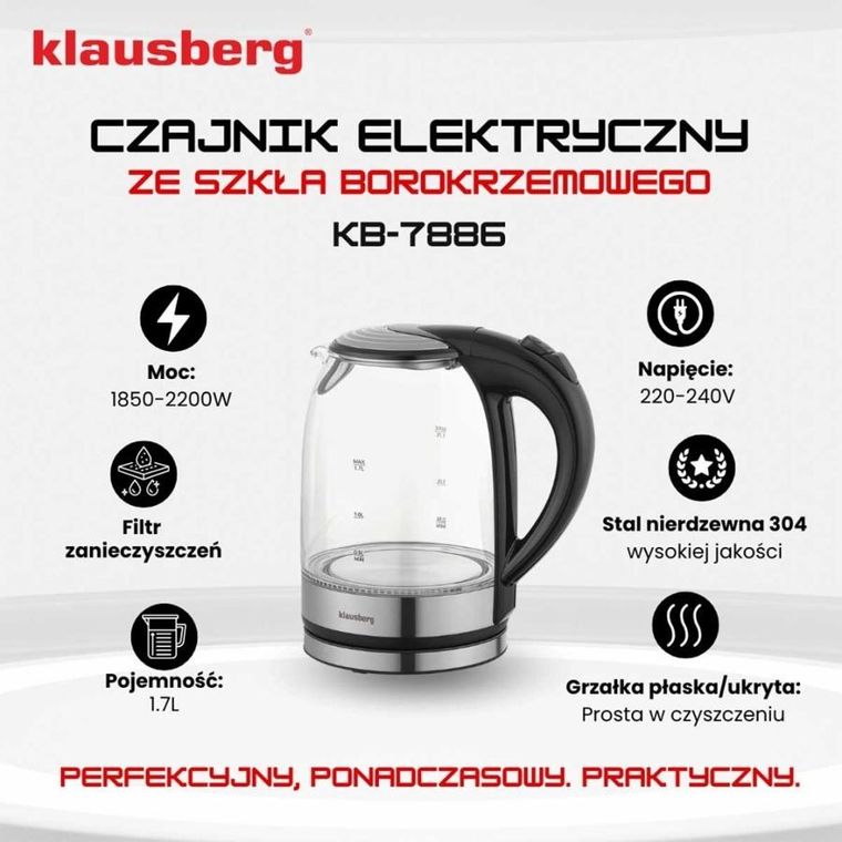 Klausberg, czajnik elektryczny szklany LED, 1,7l