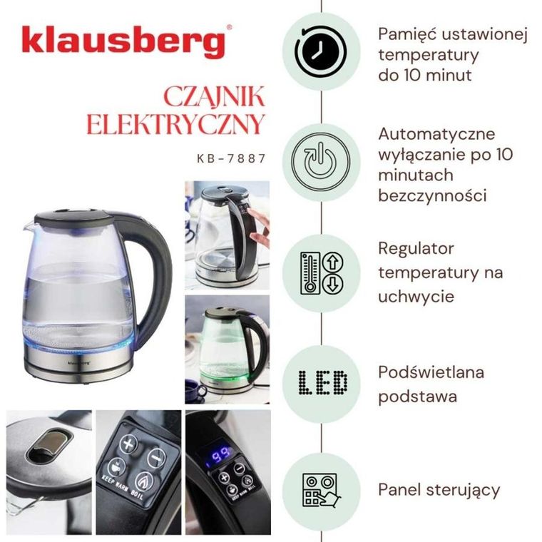 Klausberg, czajnik elektryczny szklany LED rgb, 1,8l