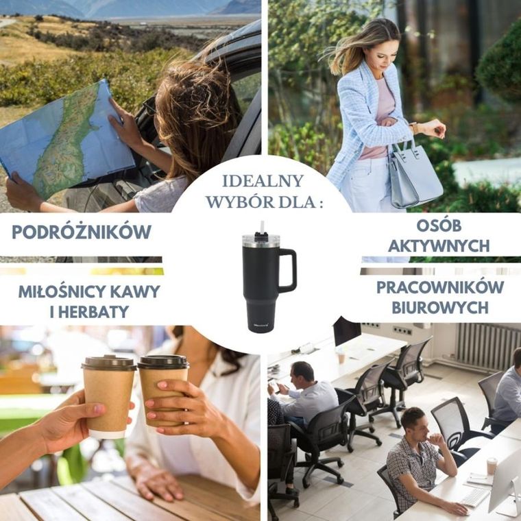 Klausberg, kubek termiczny, z rączką i słomką, stalowy, 1100 ml, kb-7942