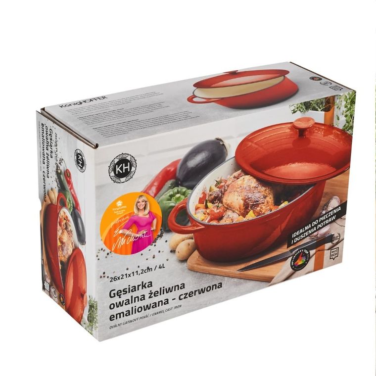 Könighoffer, gęsiarka żeliwna, emaliowana, owalna, czerwona, 4 l, 26-21-11,2 cm