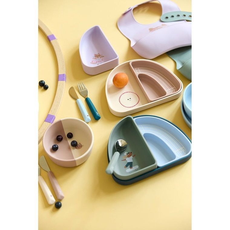 Lassig, Tiny Team, zestaw silikonowych naczyń, kotek, 3 szt.