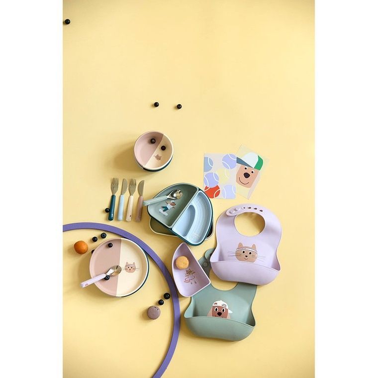 Lassig, Tiny Team, zestaw silikonowych naczyń, piesek, 3 szt.