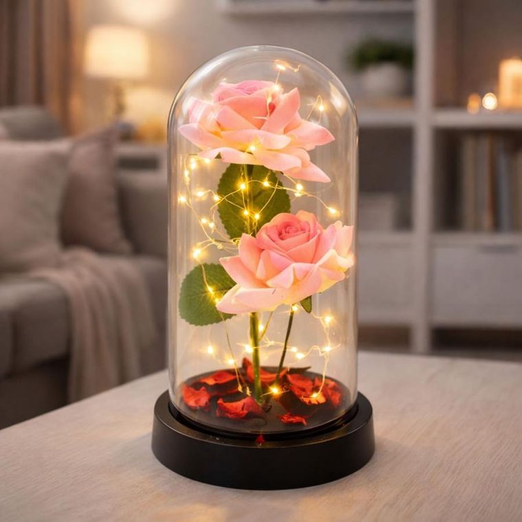 Lean Toys, 2 wieczne róże w kopule, z oświetleniem LED