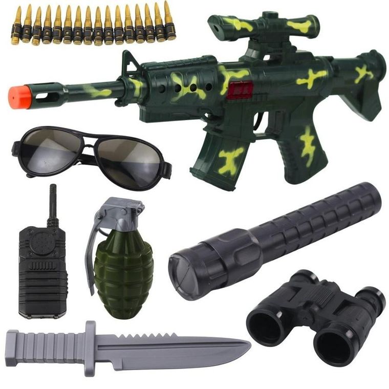 Lean Toys, karabin wojskowy z akcesoriami, mechaniczny dźwięk strzałów