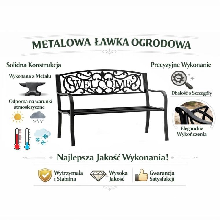 Lean Toys, ławka ogrodowa, metalowa, czarna, 127 cm