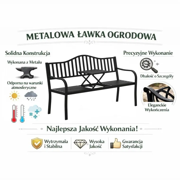 Lean Toys, ławka ogrodowa, metalowa, czarna, 150 cm