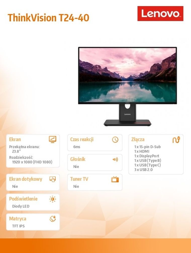 Lenovo, ThinkVision T24-40, 23.8"FHD, IPS AG 4ms, 250nits, 120Hz, HDMI, DP, USB, Eclipse Black