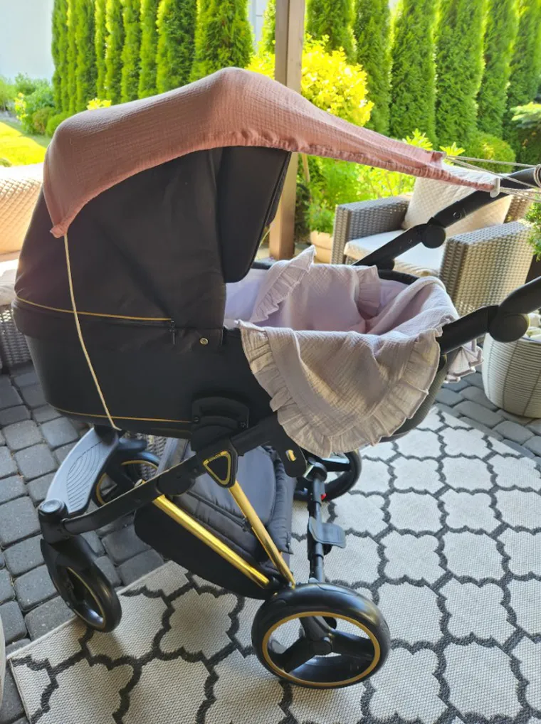 MimiNu, daszek do wózka, przeciwsłoneczna osłonka, muślin bawełniany, pudrowy róż