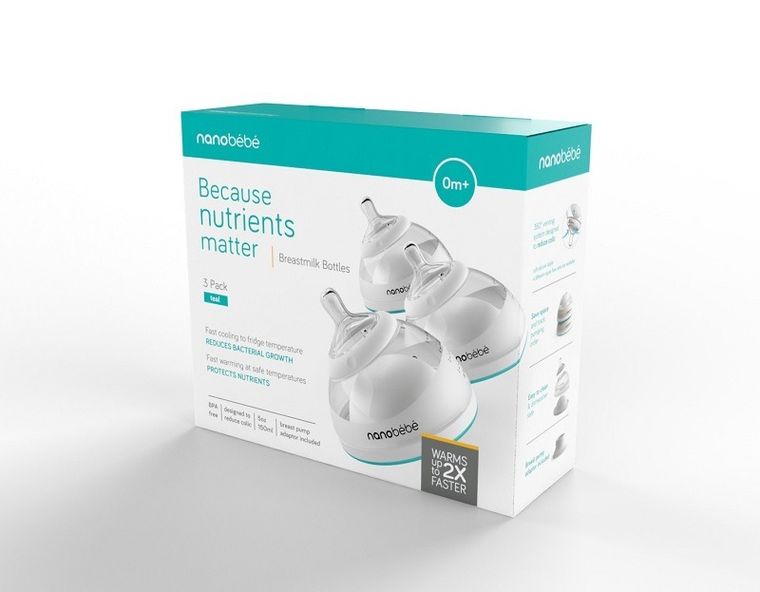 Nanobebe, butelka do karmienia i przechowywania pokarmu, 150 ml, turkusowa, 3 szt.