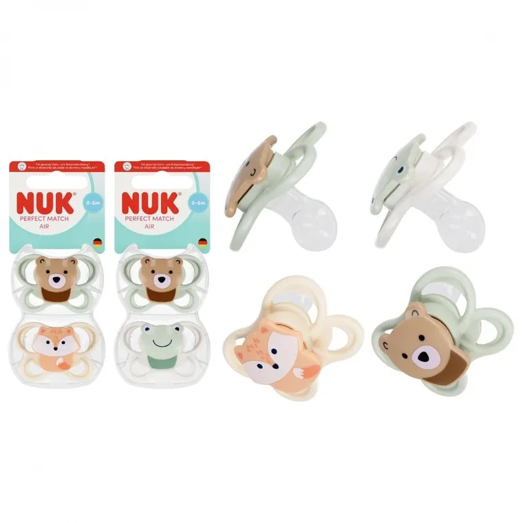 Nuk, Perfect Match Air, smoczek silikonowy, miś i żabka, 0-6, 2 szt.