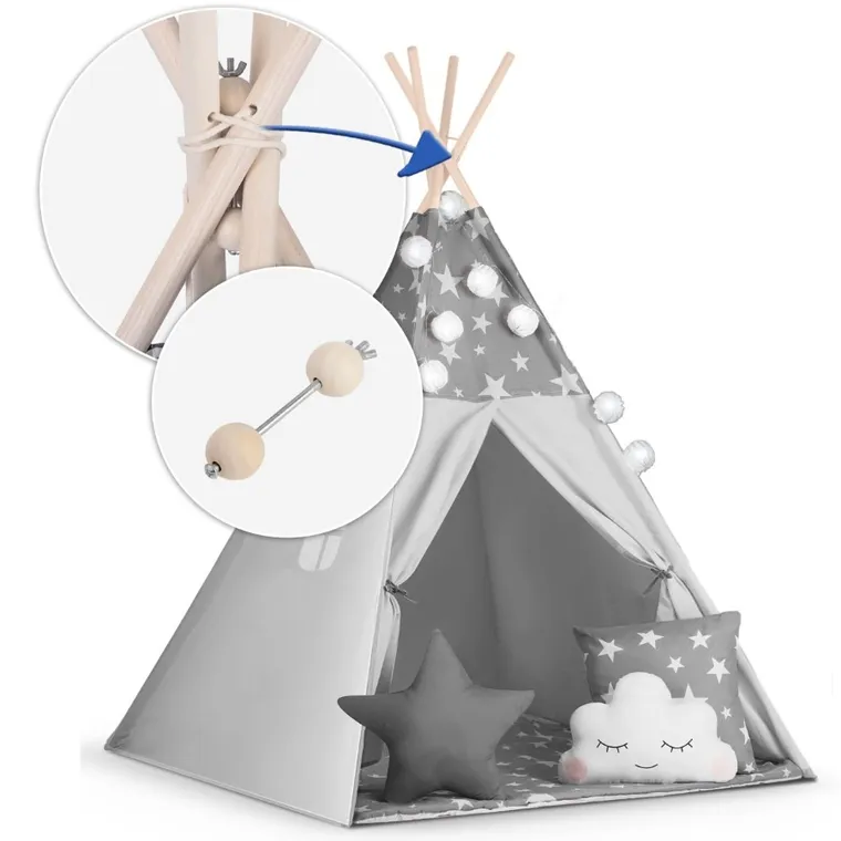 Nukido, namiot tipi dla dzieci z girlandą i światełkami, szary w gwiazdki