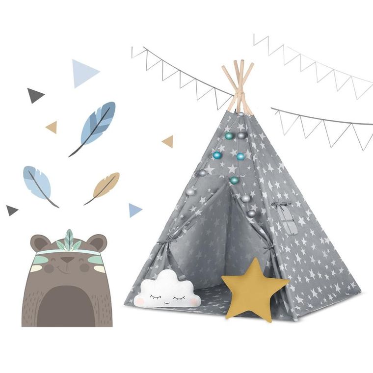 Nukido, namiot tipi dla dzieci ze światełkami, szary w gwiazdki