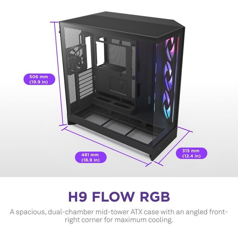 NZXT, obudowa komputerowa z oknem, H9 FLOW RGB+ MIDI TOWER, czarna