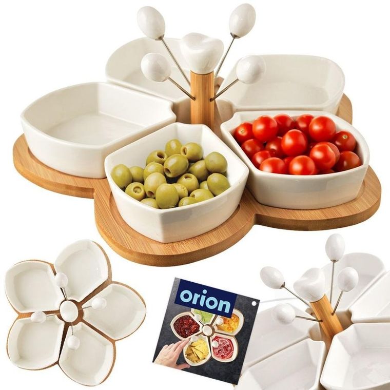 Orion, porcelanowe miseczki na przekąski, białe na tacy, 28.5 cm, 10 elementów