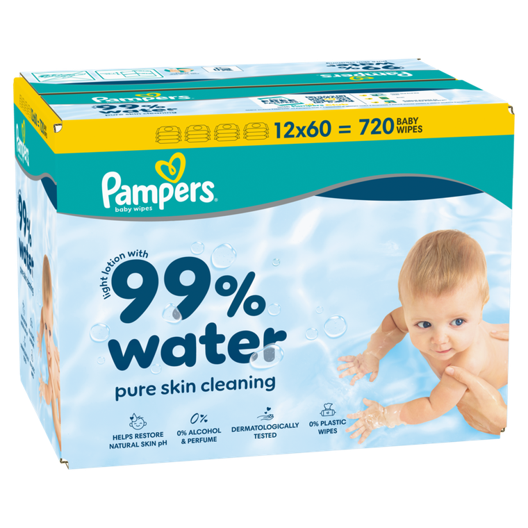 Pampers, 99% Water, chusteczki nawilżane dla dzieci, 12-60 szt.