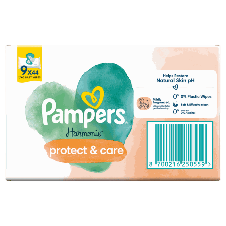 Pampers, Harmonie Protect & Care, chusteczki nawilżane dla dzieci, 9-pack, 396 szt.