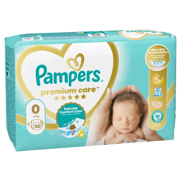 Pampers, Premium Care, pieluchy jednorazowe, rozmiar 0, do 3 kg, 30 szt.