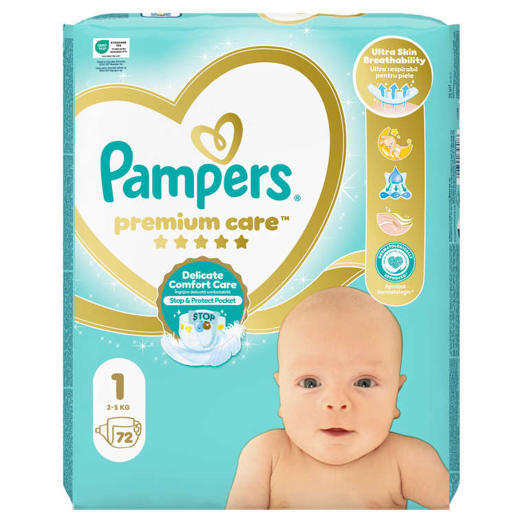 Pampers, Premium Care, pieluchy jednorazowe, rozmiar 1, 2-5 kg, 72 szt.