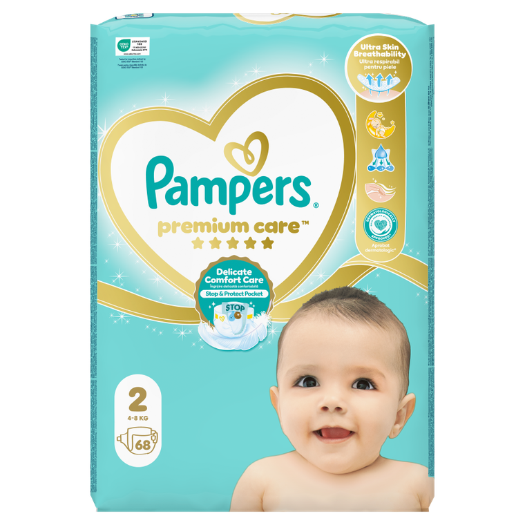 Pampers, Premium Care, pieluchy jednorazowe, rozmiar 2, 4-8 kg, 68 szt.